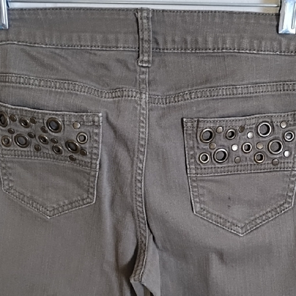 Olive Green Grey Stretch Skinny Jeans with Brass Back Pocket Detail